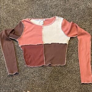 Full Tilt Patchwork Long Sleeve Top - Pink, Cream, Brown